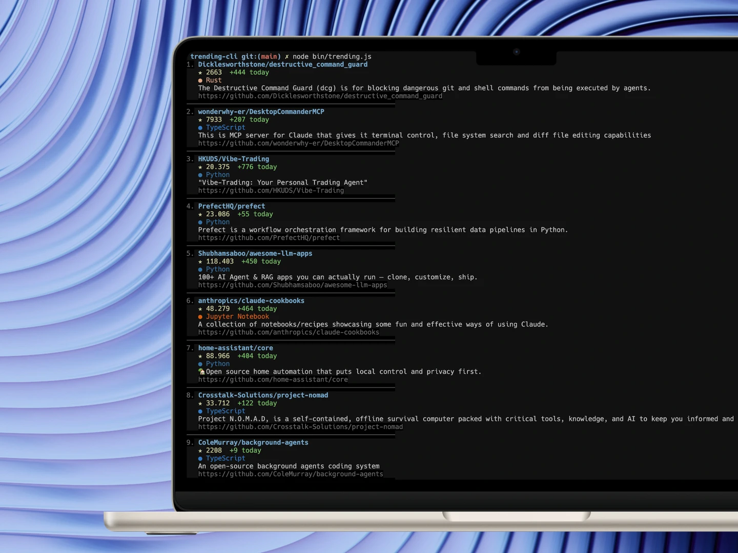 Captura de pantalla del proyecto Trending CLI en GitHub